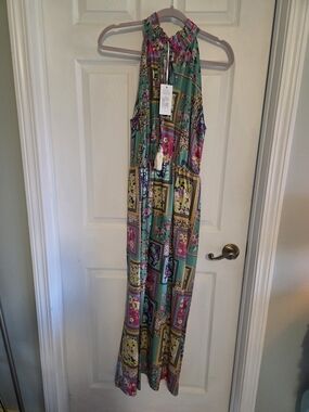 Sleeveless Green Multi-Print Maxi Dress with Tassel Tie